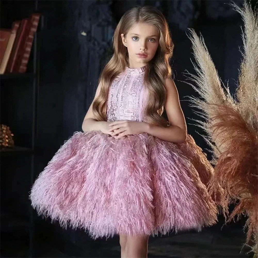 Pink Flower Girl Dresses Luxurious Feather Child Birthday GIFT Party Puffy Wedding Party Puff Cute Baby First Communion Gowns