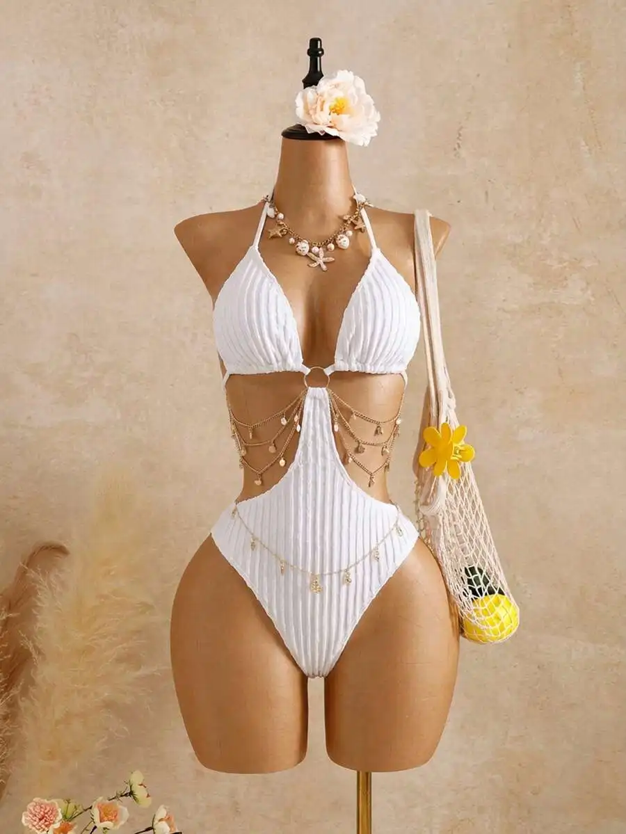 White Ribbed Cut Out Monokini With Chain Detail Halter Neck Swimsuit