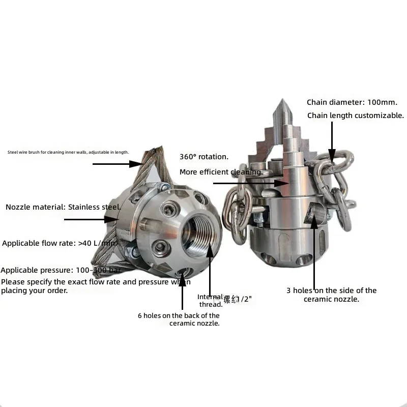 for High Pressure Rotary Blasting Nozzle Stainless Steel Chain Rotating Cleaner for Grease Root Blockage Pipeline Dredging