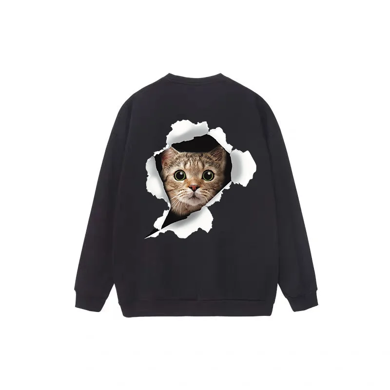 Broken Paper Kitten Print Hoodies 2024 New Hip Hop Trend Crew Neck Sweatshirts Casual Loose Clothes