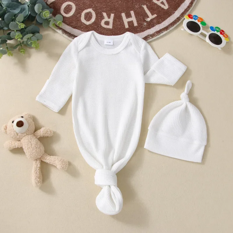 2 Pcs Newborn Boy Girl Waffle Outfits, Infant Solid Color Long Sleeve Round Neck Sleeping Sack + Knotted Cap Spring Autumn