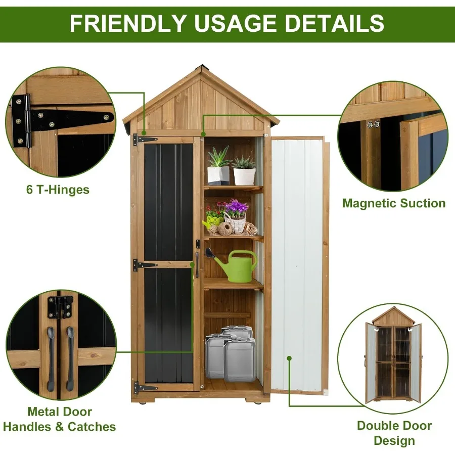 خزانة تخزين خارجية معدنية خشبية مع سقف مقاوم للماء لسقيفة أدوات الحديقة تتميز بـ 6 أبواب مفصلية على شكل حرف T وأقدام معززة معي #4
