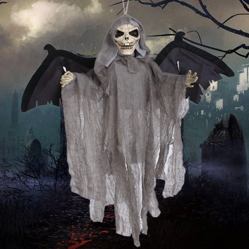 R1WE Animated Scary Hanging Electric Glowing Eyes Shake Bat Wings Creepy Sound Flying Skull Skeleton Death Halloween Party