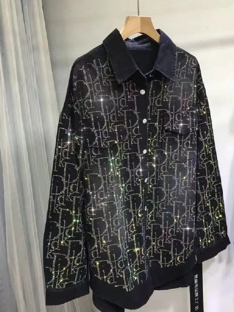 

Новинка осени 2025 года, одежда Y2K с блестками, черные джинсовые рубашки, блузки для женщин, винтажные джинсовые топы, верхняя одежда, джинсовое пальто