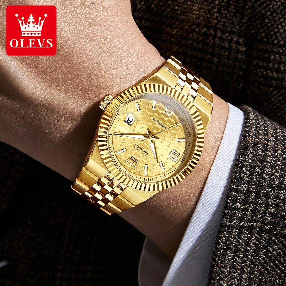 OLEVS 7105 ساعة رجالية فاخرة ذهبية جميع ساعة ميكانيكية أوتوماتيكية من الفولاذ المقاوم للصدأ مقاومة للماء تاريخ مضيء ساعة رجالية عالية Reloj #3