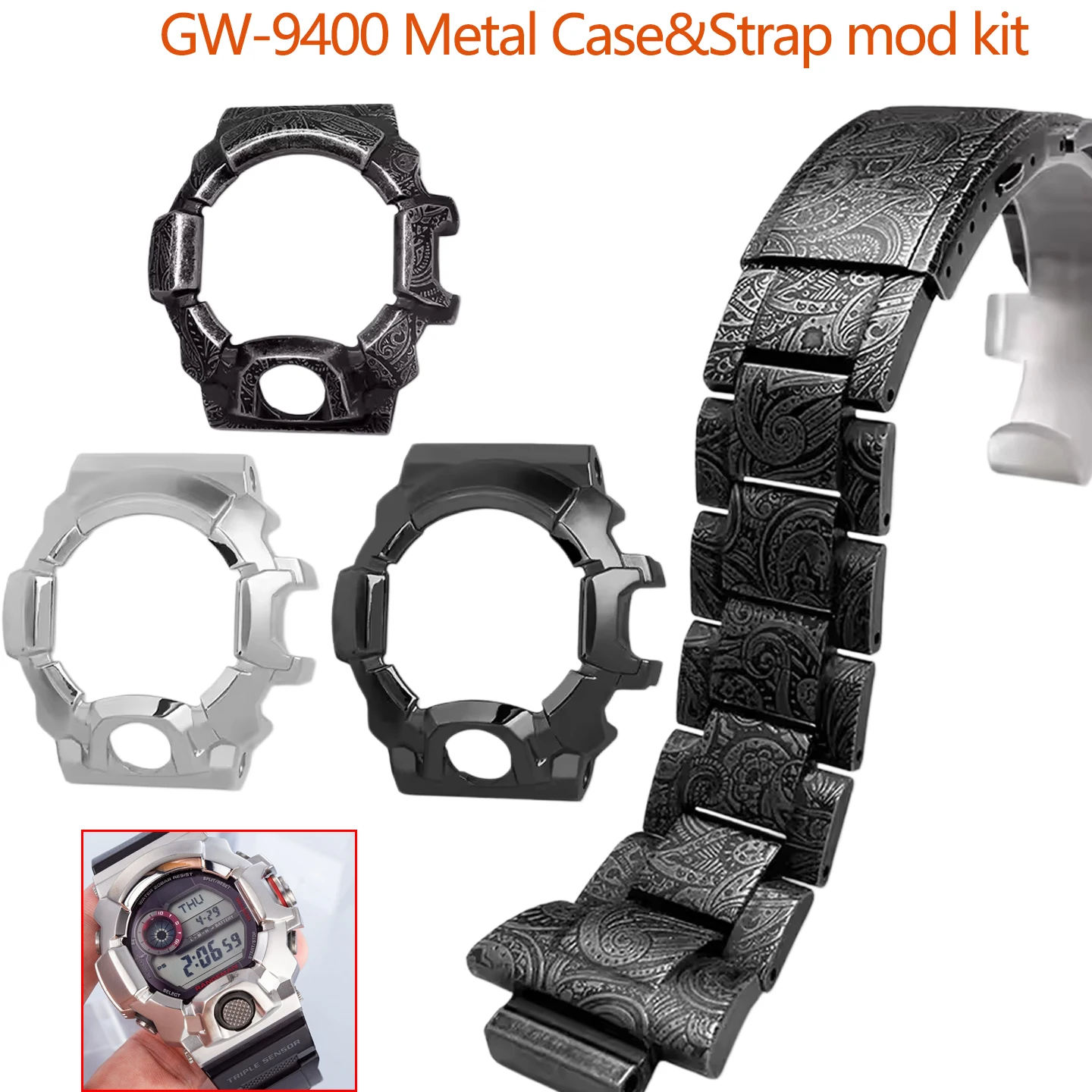 Silver/Black Metal case Bezel For Casio G-Shock 3410 GW-9400J/BJ Modified 316L Stainless Steel Case for Men's watch Accessories