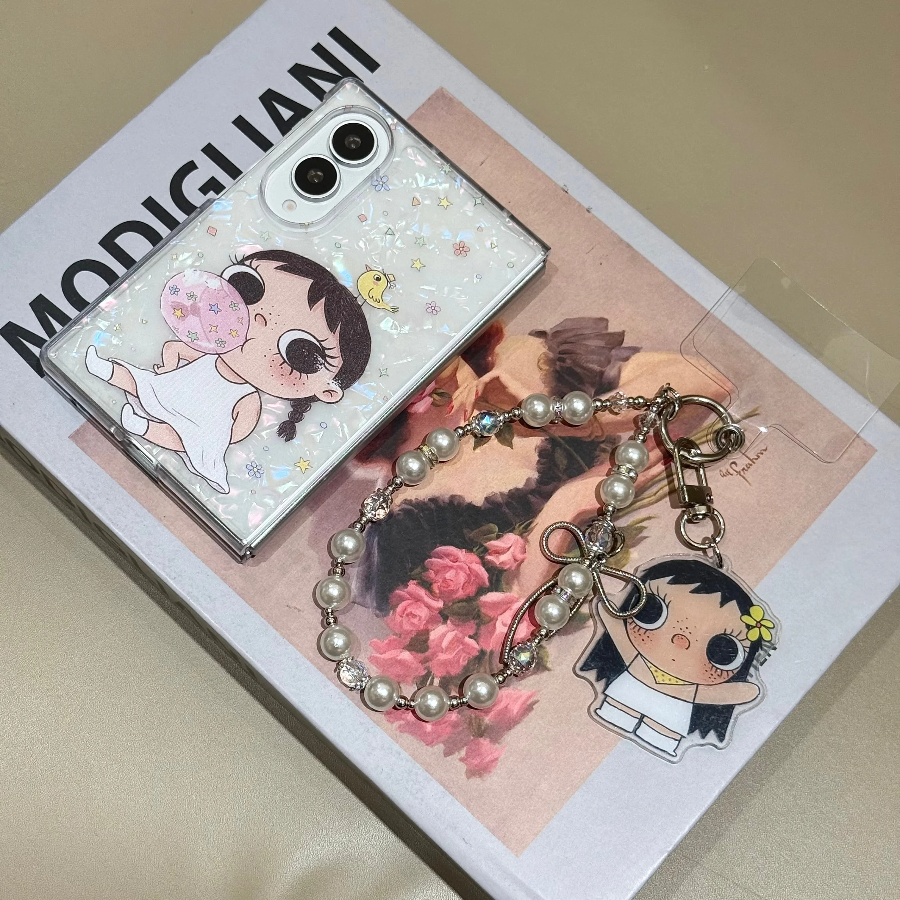 Cute Cartoon Girl Print Pearl Bead Wrist Strap Pendant Pearl Shell Phone Case For Samsung Galaxy Z Fold 8 7 6 5 Shockproof Cover