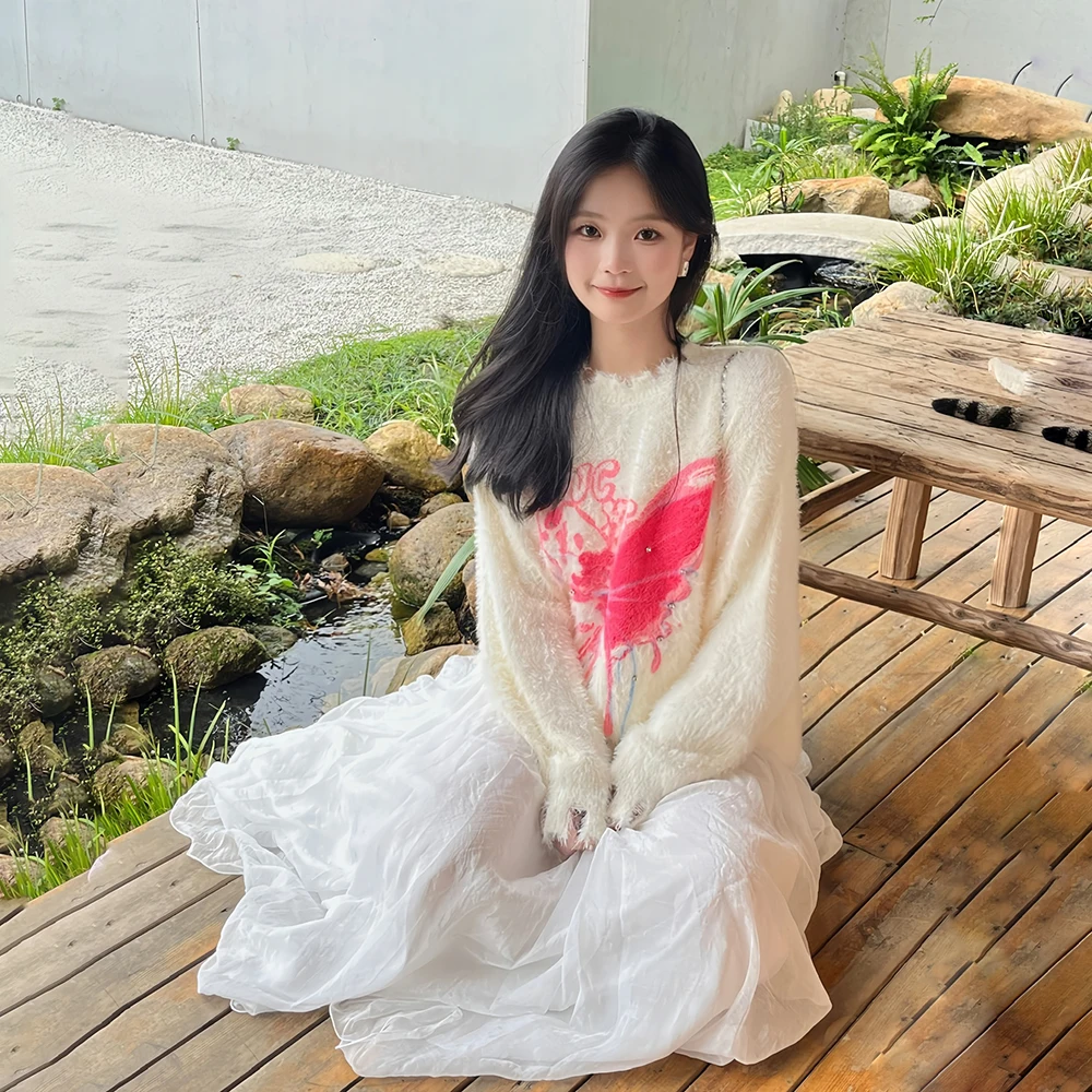 

Вязаный свитер с узором, белый, с имитацией меха, мягкий, нежный, цвета миндального персика, осенне-зимний, с круглым вырезом, топ