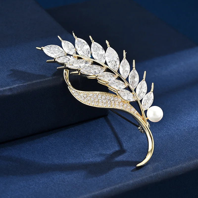 Chinese Style Lucky Wheat Ear Brooch Copper Gold Plated Micro Paved Zircon Freshwater Pearl Auspicious Wealth Blessing Lapel Pin