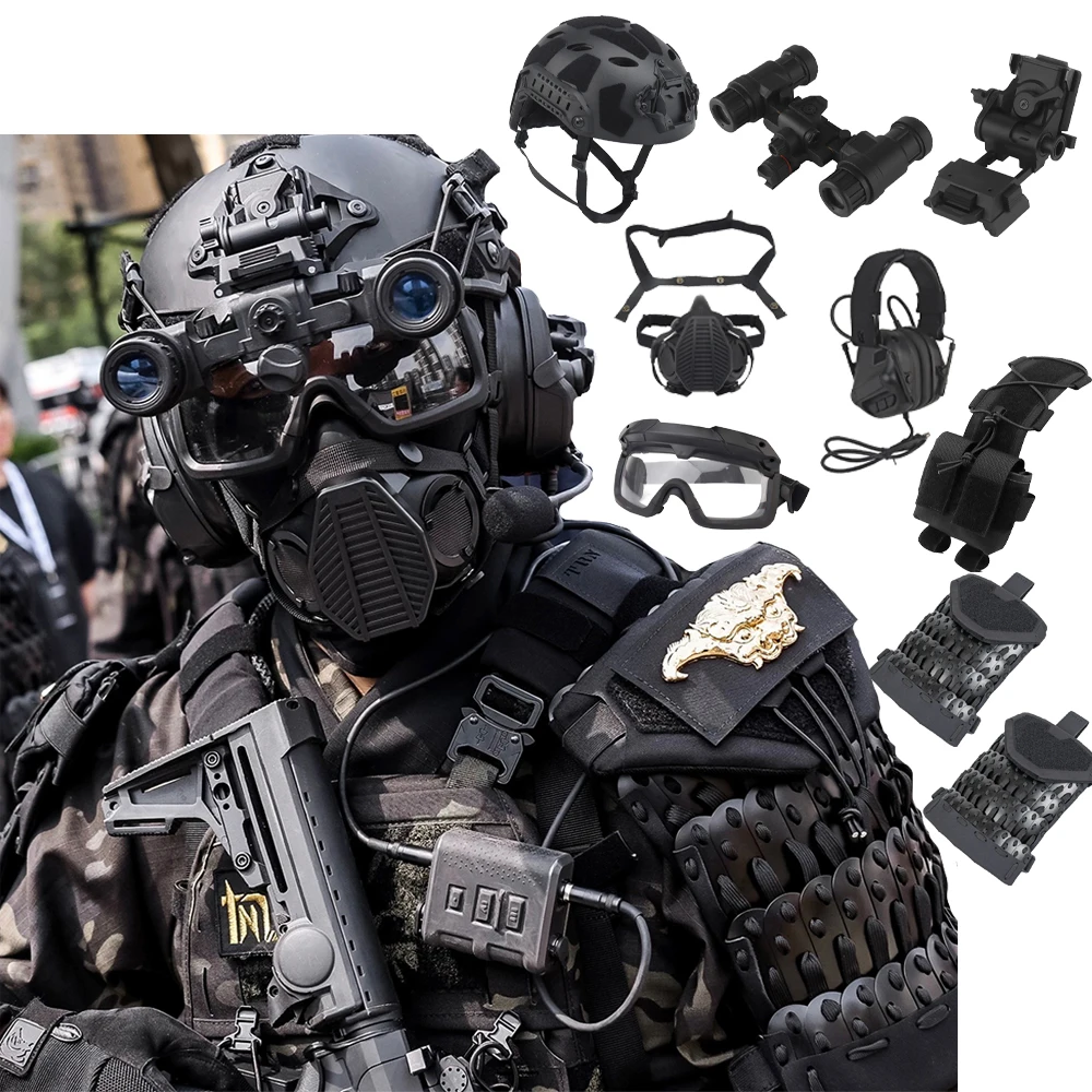 

Tactical Airsoft Helmet Set FAST Protection Helmet With Headset Goggles NVG Model Respirator Mask for CS Shooting Range Cosplay
