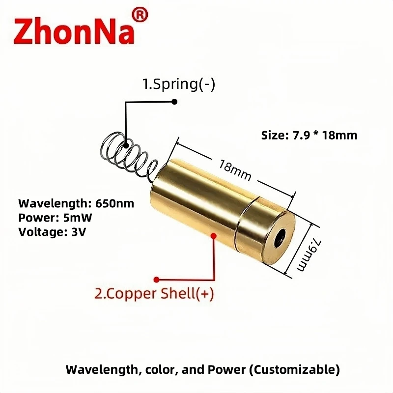 Precision Laser Module 650nm Red & 520nm Green 7.9x18mm Copper Shell Spring Tail for Alignment Leveling Positioning 3V
