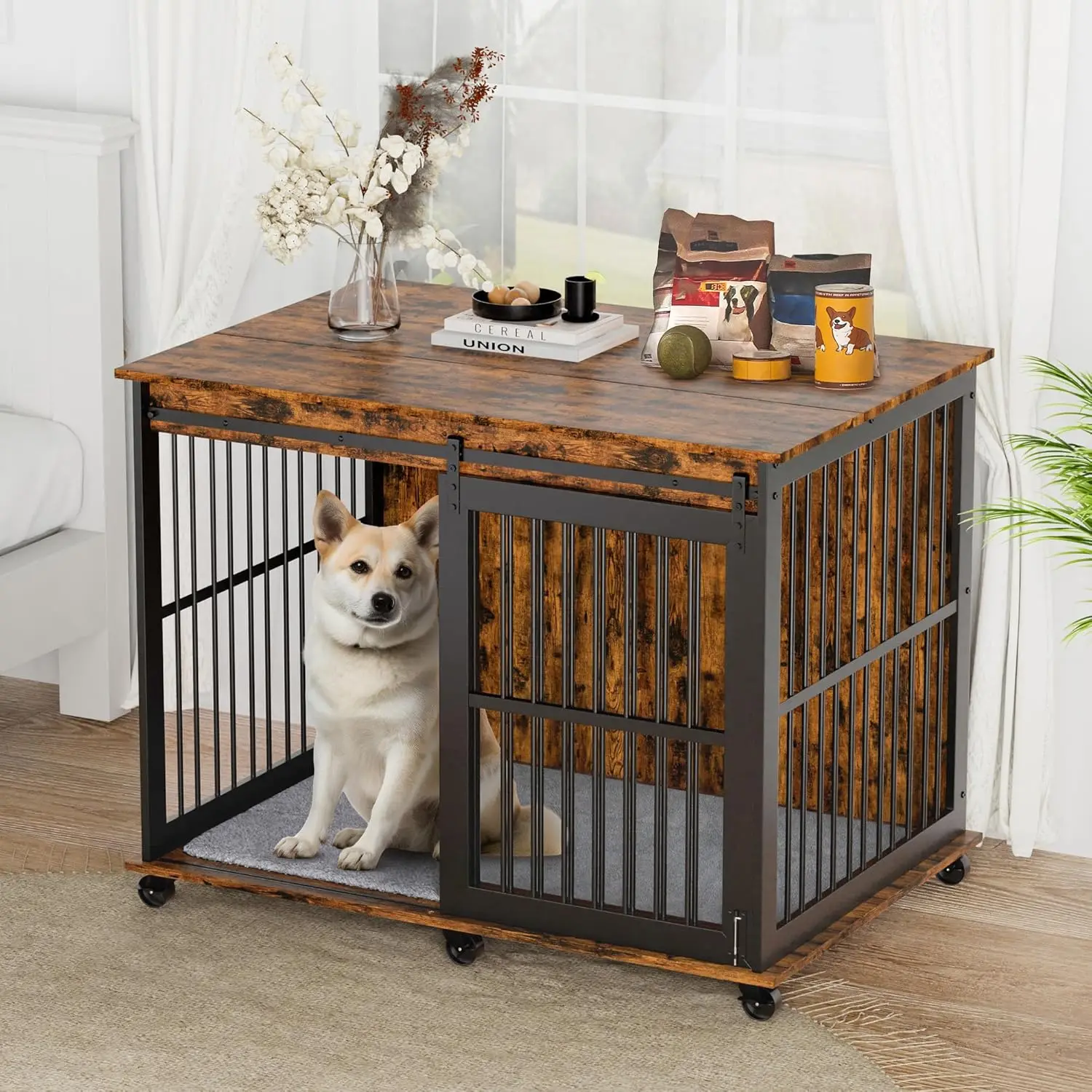 

IchbinGo 43.7'' Dog Crate Furniture with Cushion, Heavy Duty Anti-Chewing Dog House with Sliding Barn Door, Flip-top Plate, Indo