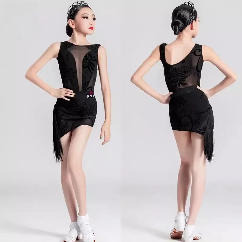 yesSleeveless Summer Girls Latin Dance Outfit Backless Fringe Tulle Kids Professional Competition Practice Costume for Art Exam