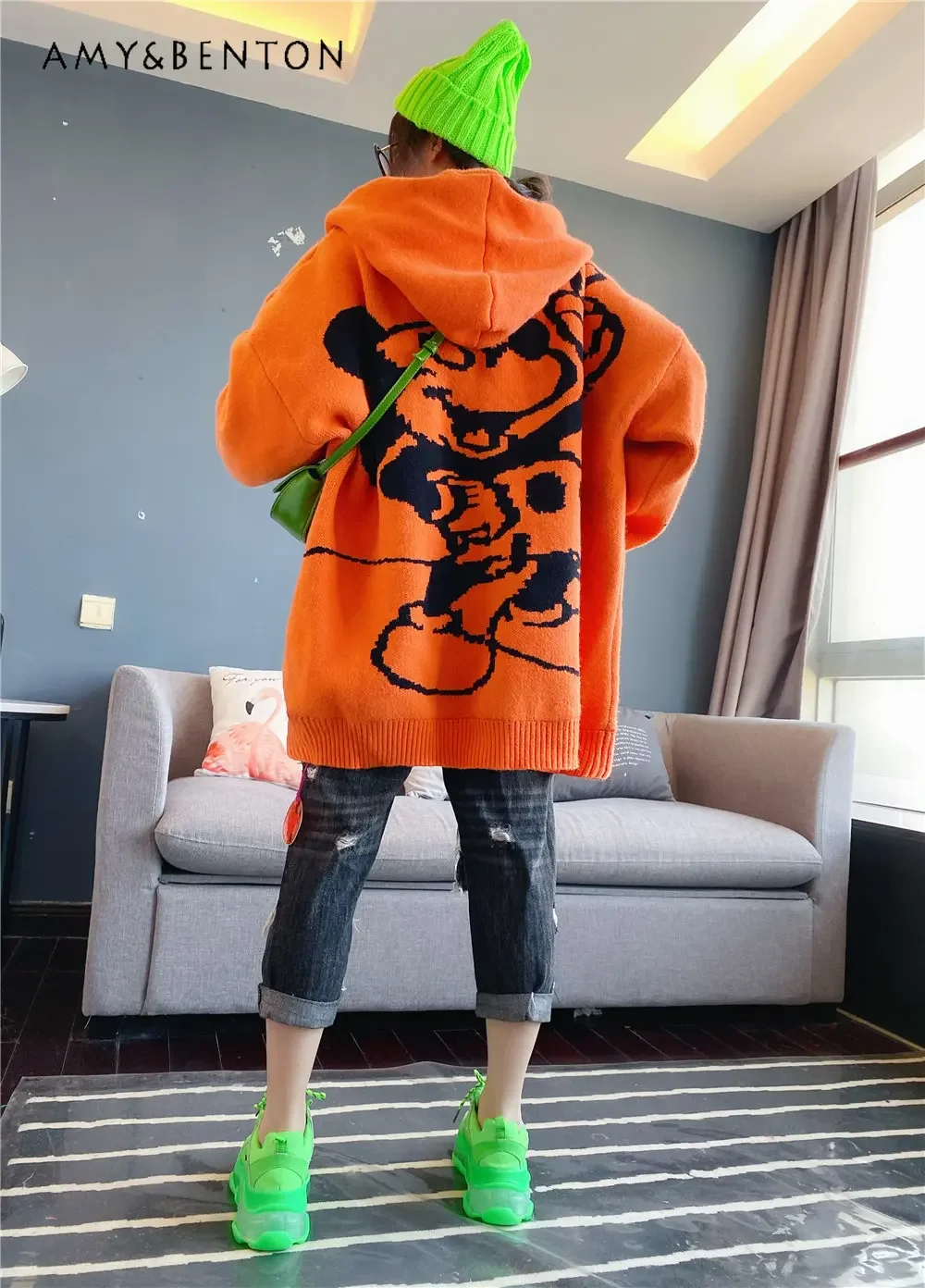 Women\'s Mid-Length Hooded Sweater Cardigan Winter Wear Loose Thick Cartoon Knitwear Top Fashion Knitting Sweaters Coats Female