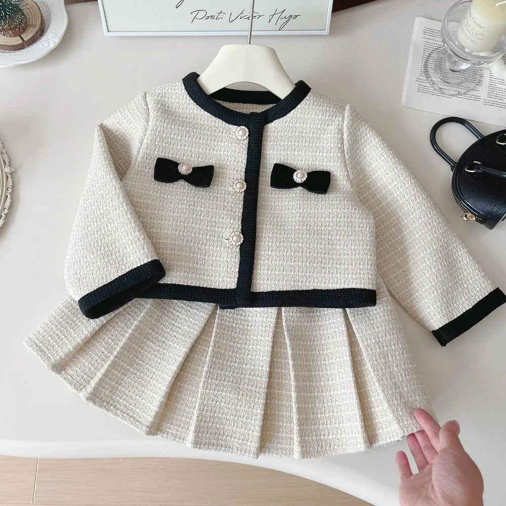 Autumn New Korean Version Bow Decoration Jacket Tops + Pleated Skirt Two-piece Set 2-8 Years College Style Girls Clothes