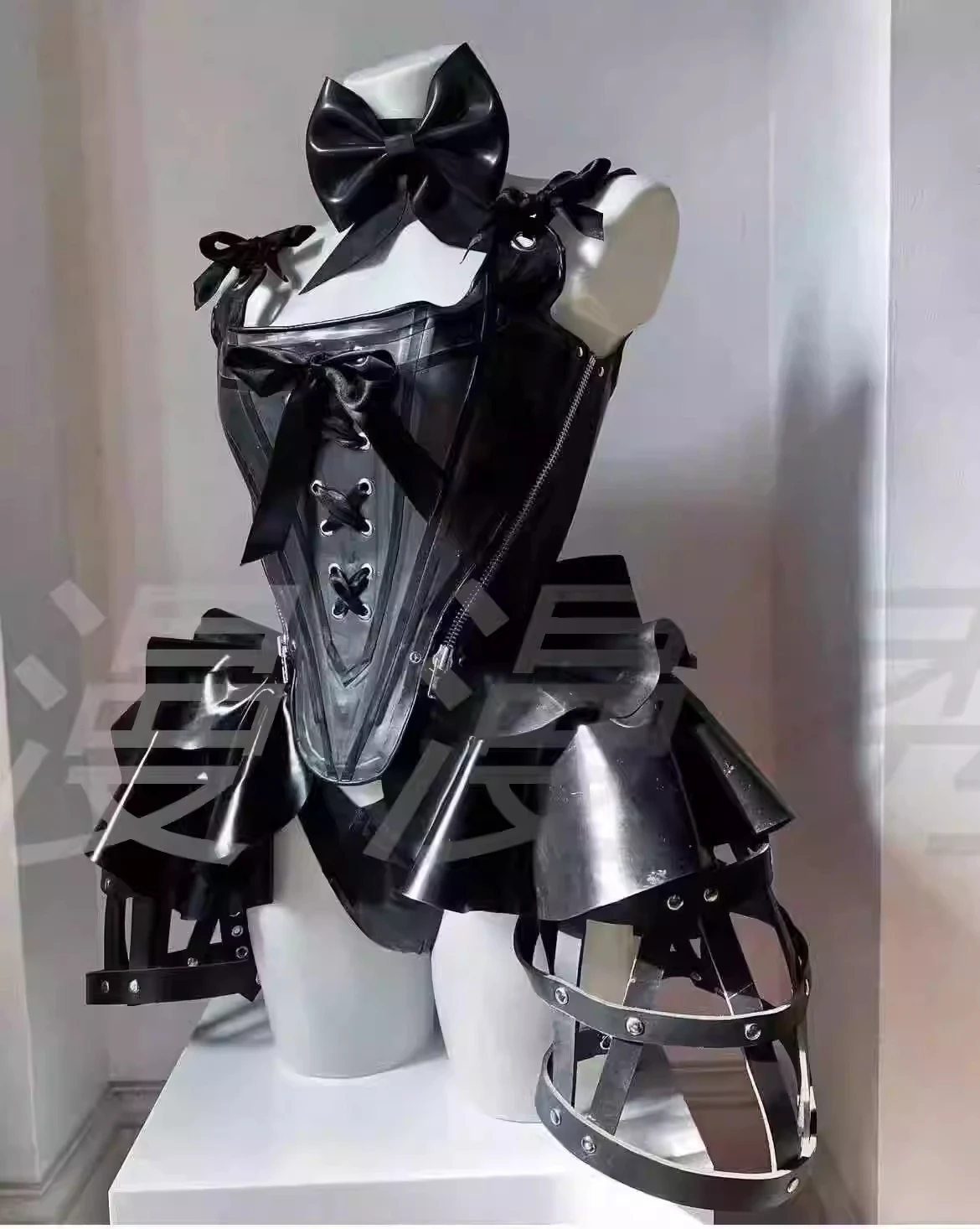 

New black devil bull Gothic patent leather shiny PU hanging neck strap bow cool corset pleated skirt set