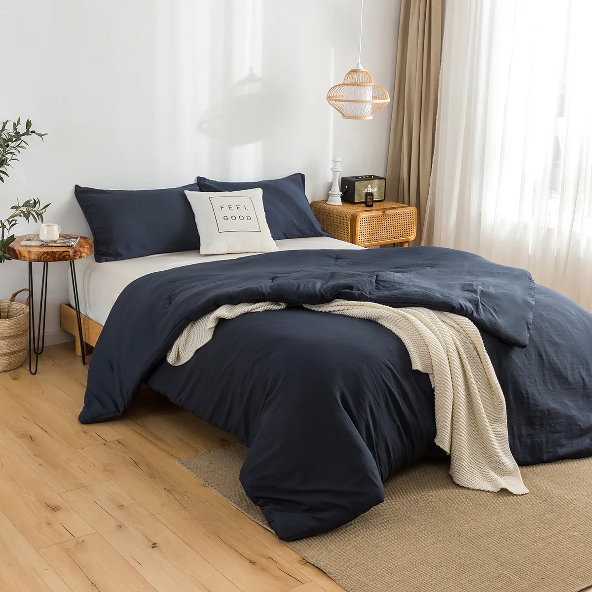 Ultra-Soft Washed Bedding Comforter Twin Sets All Seasons Light Weight Cotton Fabric Dark Navy Blue with Pillow Sham