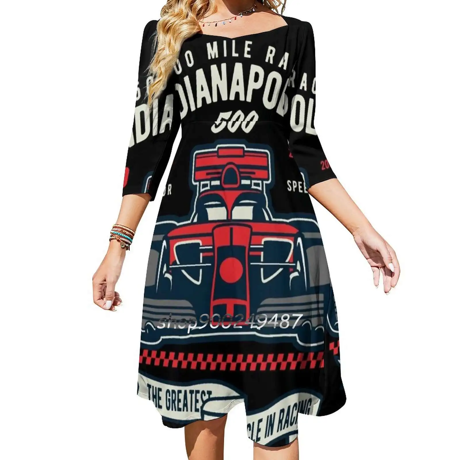 Indianapolis 500 Mile Race Sweet Elegant Dress Women Korean Kawaii Square Collar Dress Indianapolis Indy 500 Racing Indiana