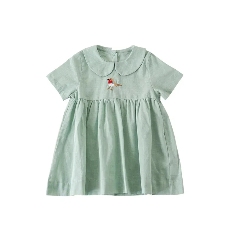 Cotton and linen handmade embroidered dress with stylish short sleeves