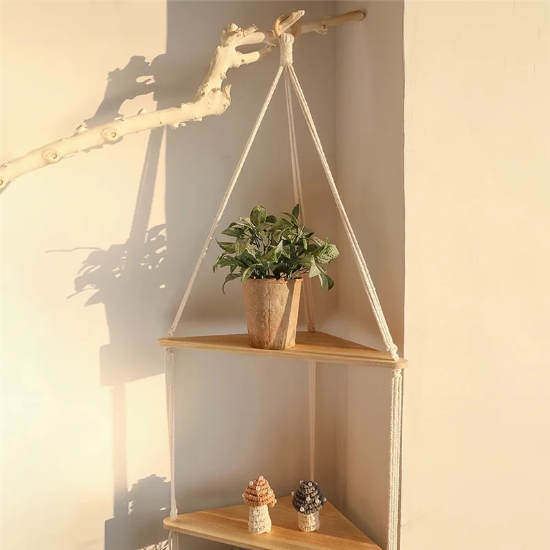 【NEW】3-Tier Floating Wall Shelf Wood Triangle Corner Display Stand Decoration Living Room Bedroom Wall Hanging Decor