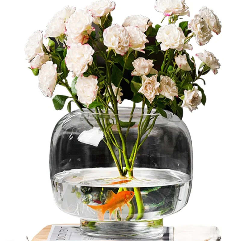 Round Large Mouth Vase, Transparent Water Flower Arrangement, Living Room Dining Table Glass, Thickened Ornament, Simple Modern