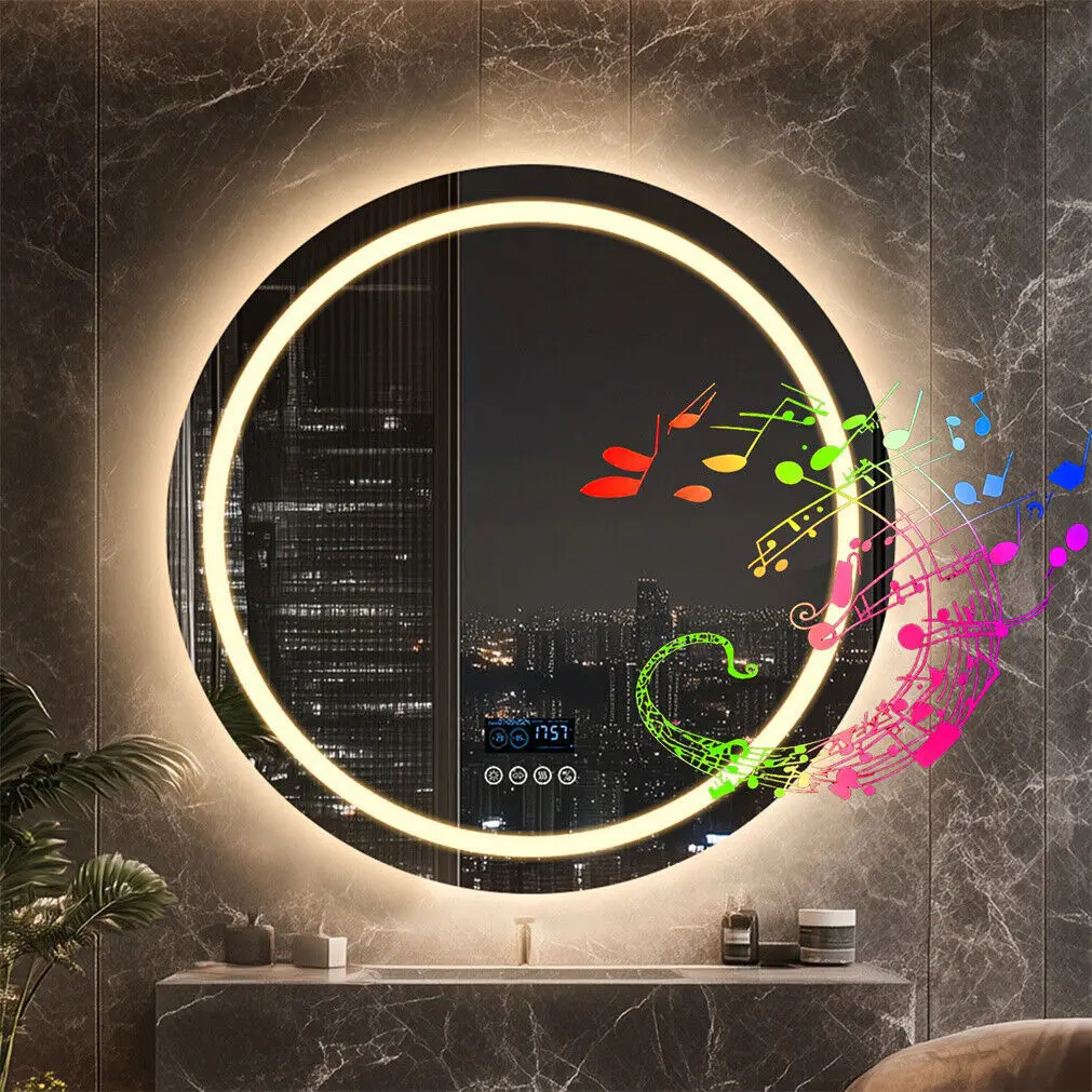 LED Bathroom Mirror 800mm Round Wall Mirror Bluetooth Colour Dimmable Front+Backlit Anti-fog Memory Time Temperature Display