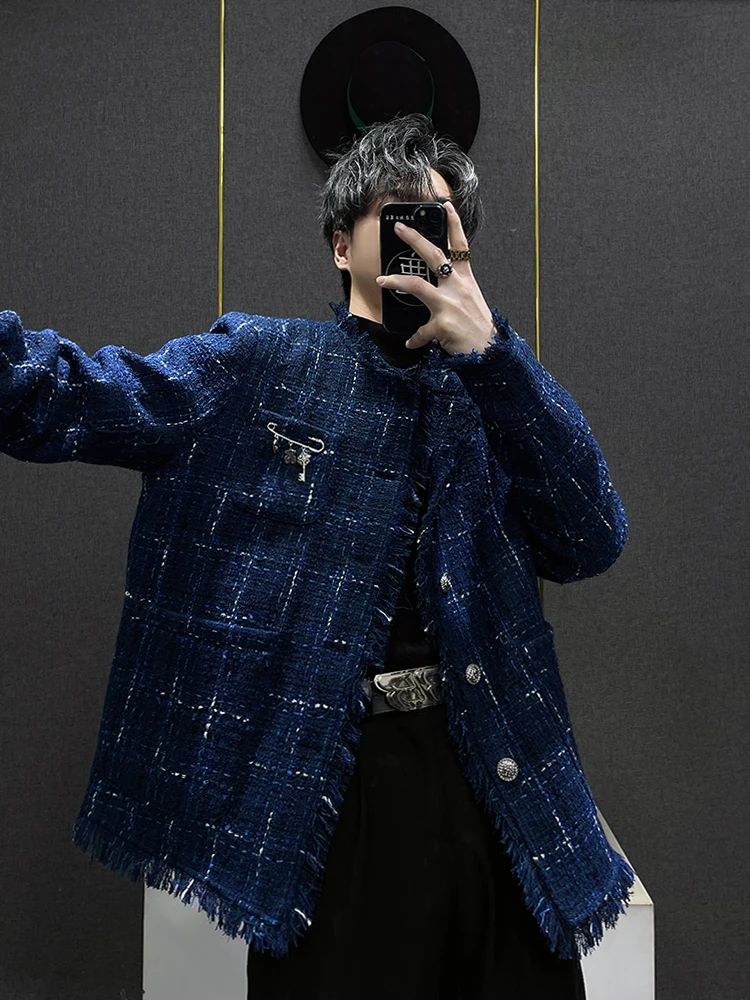 

Premium Blue Men's oulder Pad Jaet Autumn New Coarse Tweed ape Outerwear Youth Faion Casual ort Sve Coat