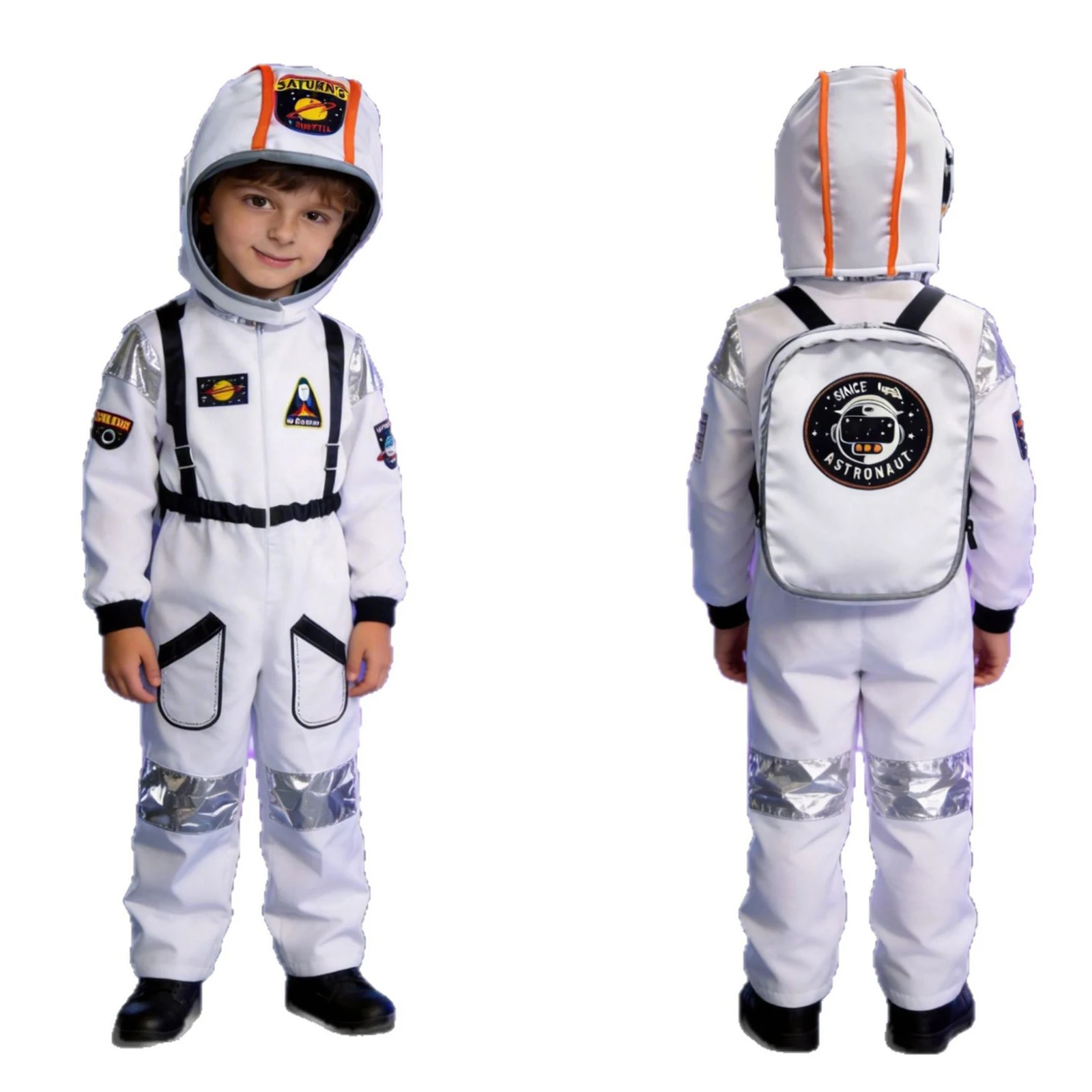

Unisex Kids Astronaut Space Suit Cosplay Costume, Long Sleeve Jumpsuit with Hat & Backpack for Game Themed Party Events