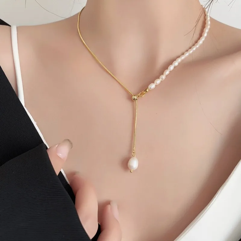 Dainashi 5-6mm Baroque Freshwater Pearl Necklaces for Women 7-8mm Pendant Bead Adjustable Pearl Necklaces Jewelry Gift