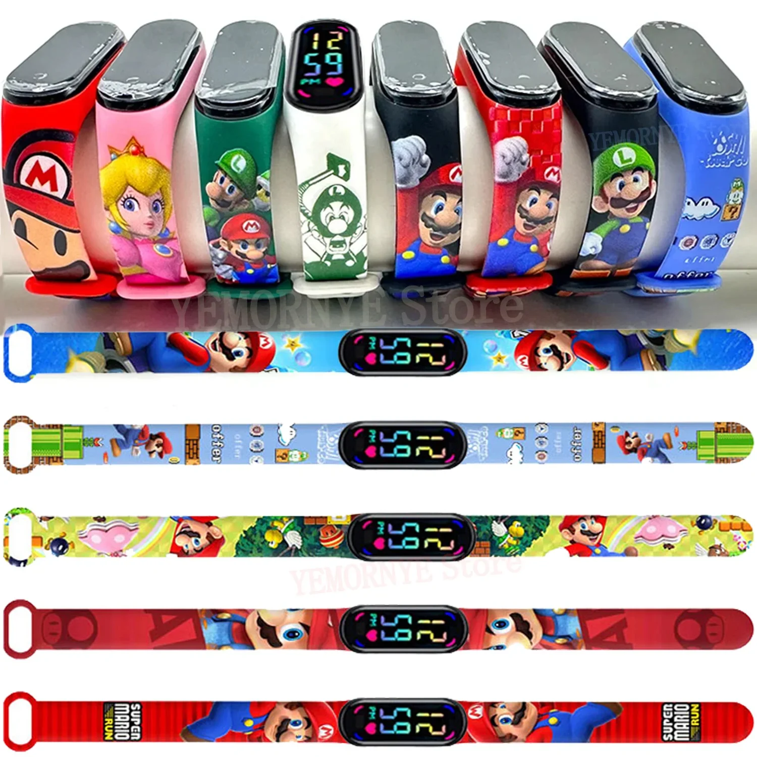 Mario Bros Children\'s Watches Action Figures Luigi Princess Peach Yoshi Bowser kids Sport Wristband Waterproof Digital Watch Toy