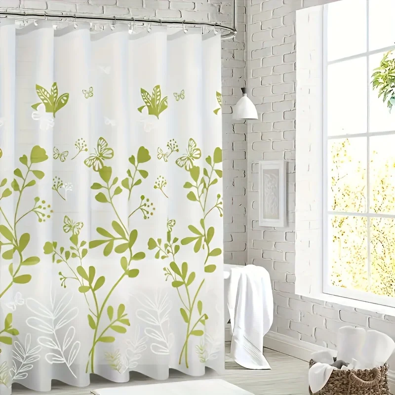 1pc Floral Jacquard Weave PVC Bath Curtain Set with Hooks - Water-Resistant, Durable Room Divider for Bathroom Decor - Suitable