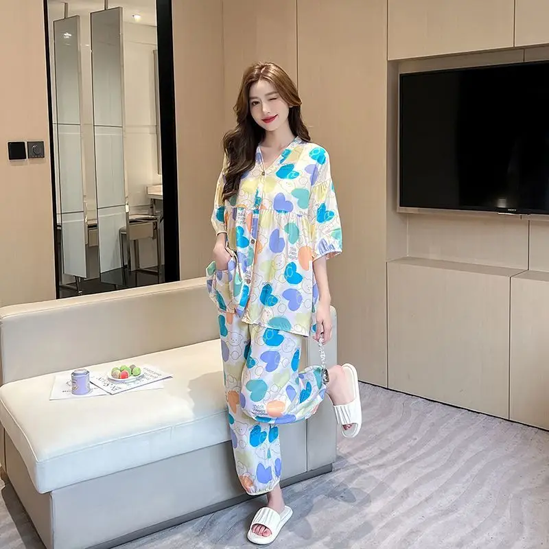 Summer New Korean Version of Internet Celebrity Floral Cotton and Silk Pajama Set, Thin Large Size Can Be Worn Outside Underwear