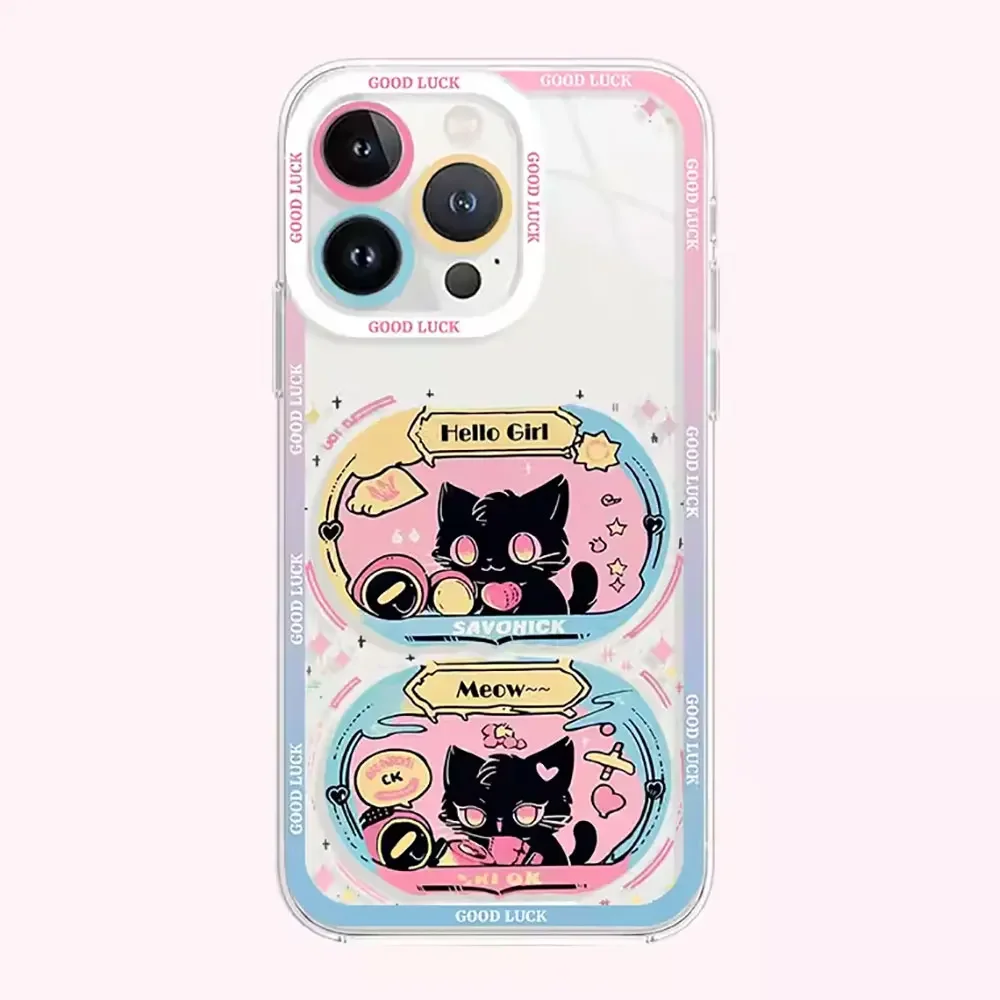 Cute Cartoon Black Cat Art Phone Case for IPhone 16 15 14 13 12 11 Pro Max Mini XS X 7 8Plus Clear Soft Cover Funny Animal Funda