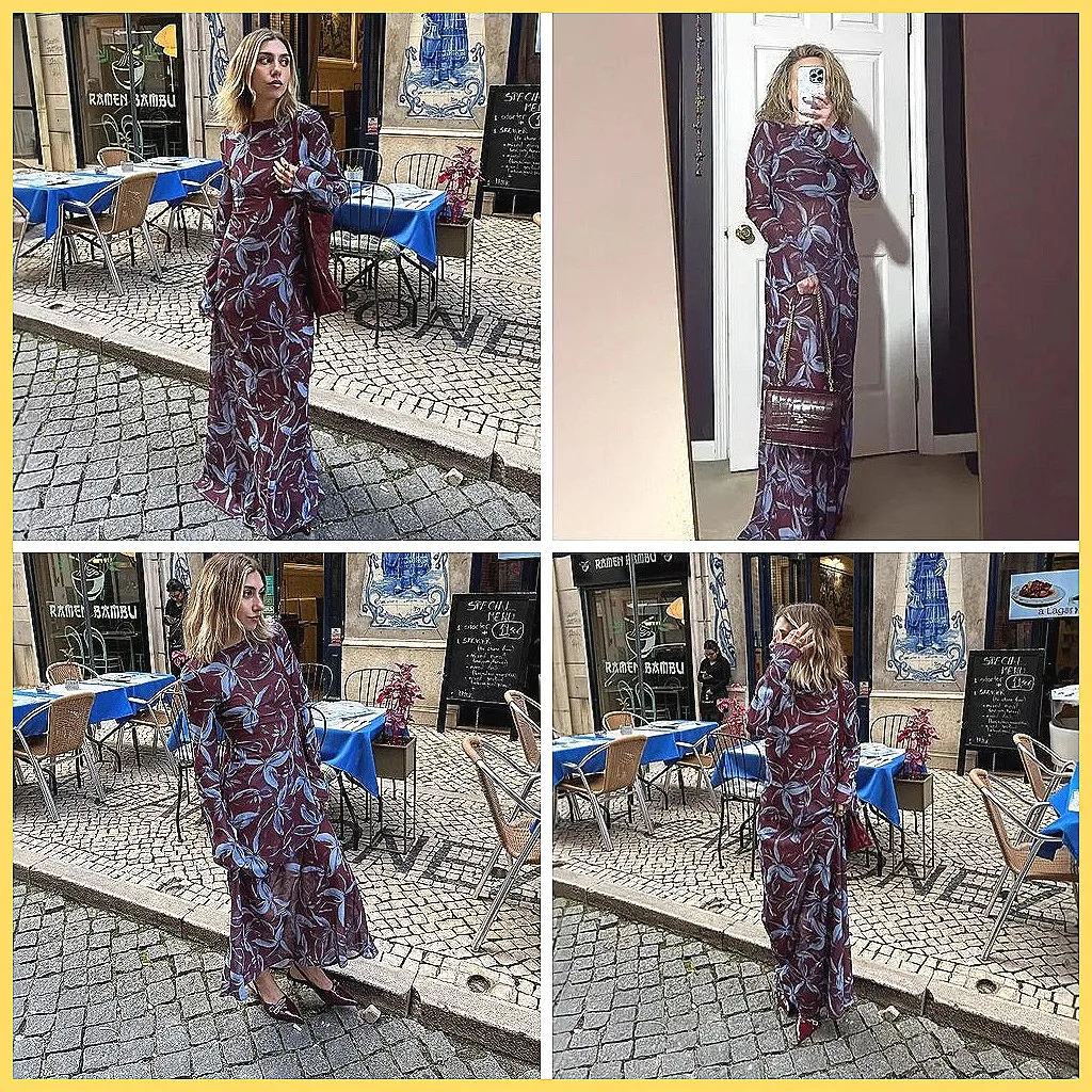 

2026 New Floral Print Dress Women's Slim Fit Long Sleeve Boat Neck Long Dress for Beach Party Club