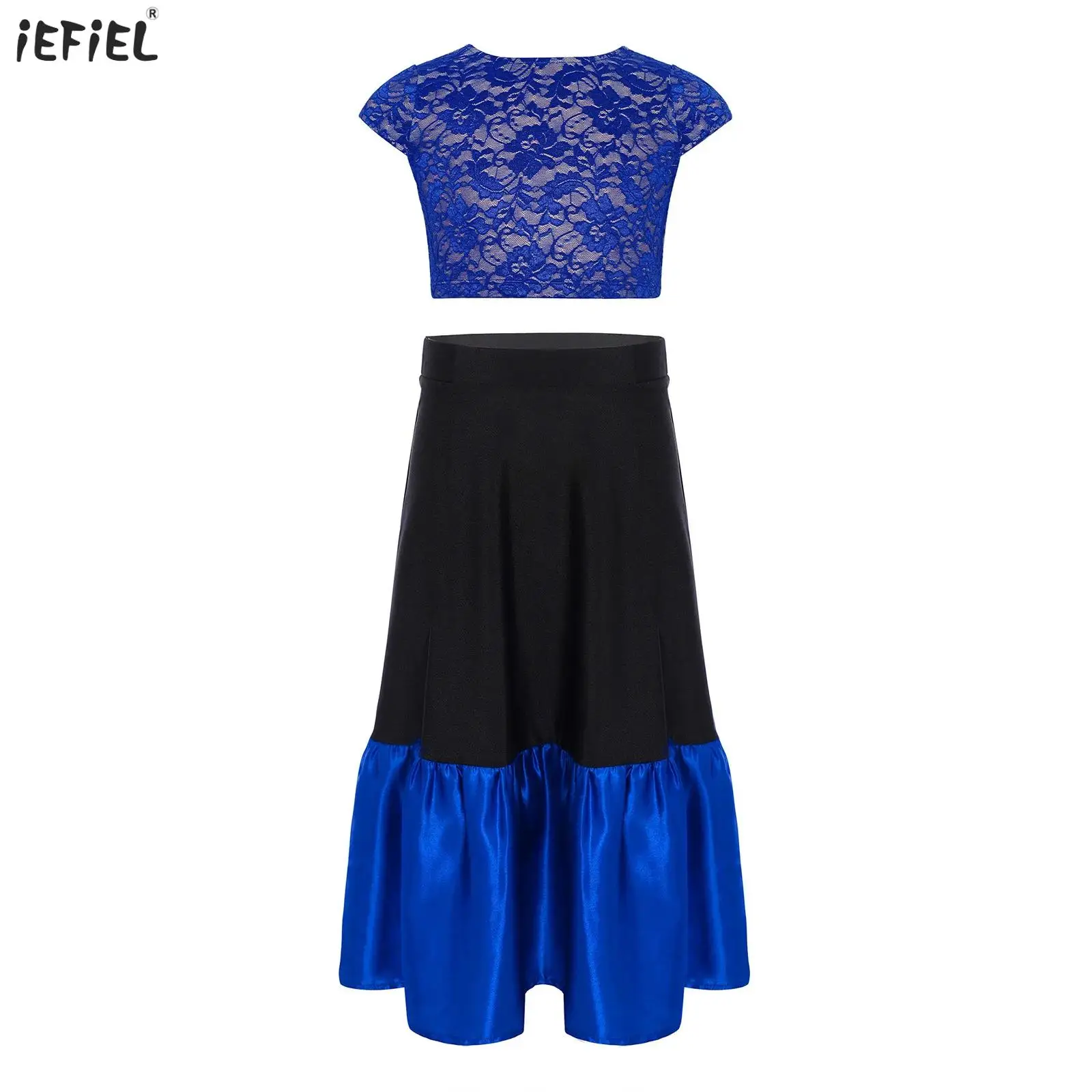 

Kids Girls Flamenco Dance Dress Spanish Dancewear Round Neck Cap Sleeves V-Back Floral Lace Crop Top Shirts+Color Block Skirt