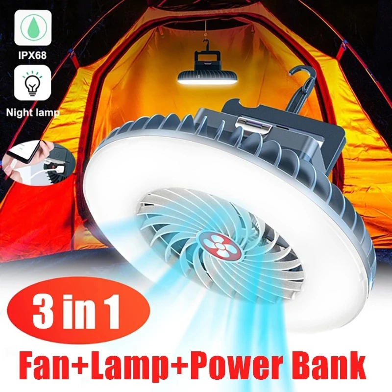 

Waterproof 3 In 1 Portable LED Fan Camping Light Outdoor Tent Lamp USB Rechargeable Emergency Night Market Light for BBQ Hiking