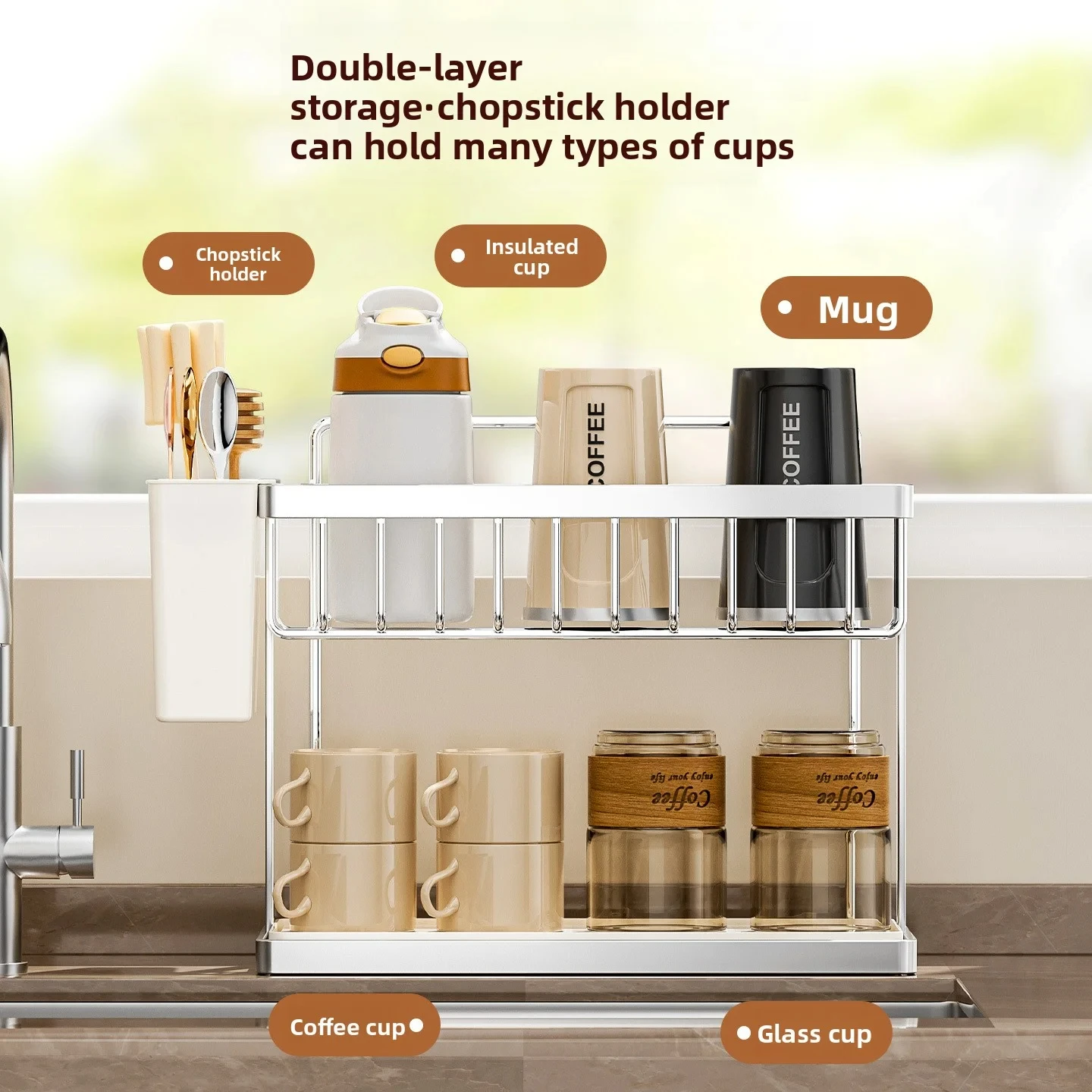 Double Layer Desktop Cup Rack, Space Saving Tea Cup Holder with Inverted Drainage, Organizer for Kitchen Counter & Office