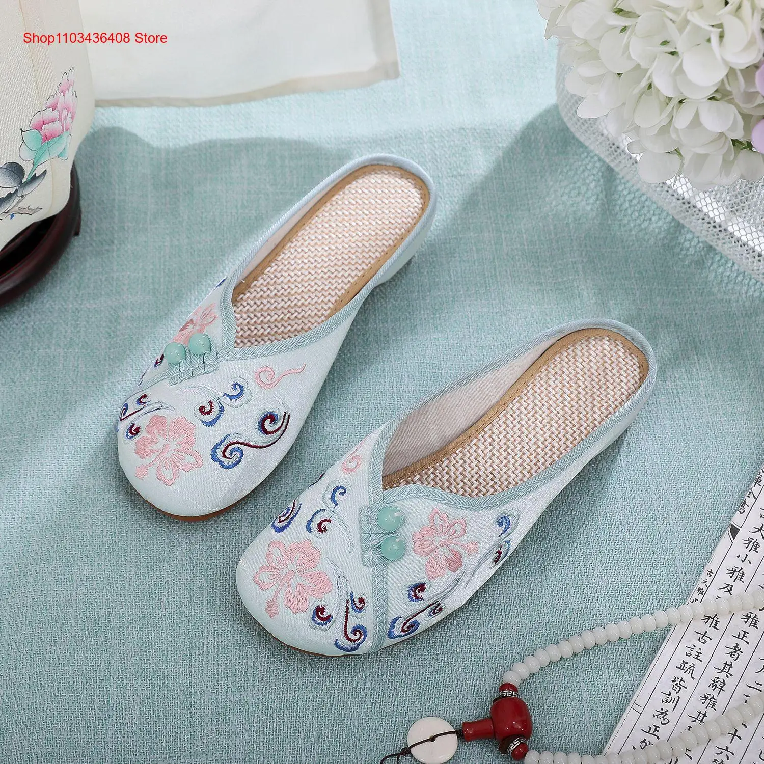 Women\'s Summer Breathable Linen Hanfu Shoes Half Slippers Soft Bottom Ethnic Style Embroidered Shoes