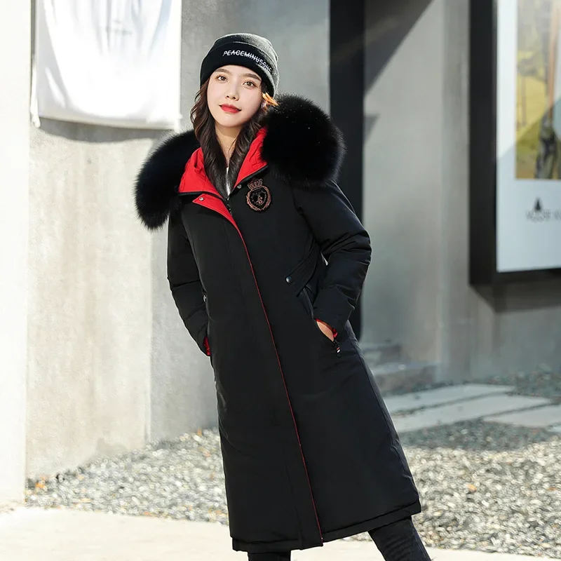 Double Sided Wearing Parker 2025 Winter New Women's Color Block Jacket Big Fur Collar Hooded Coat Female Zipper Pockets Overcoat