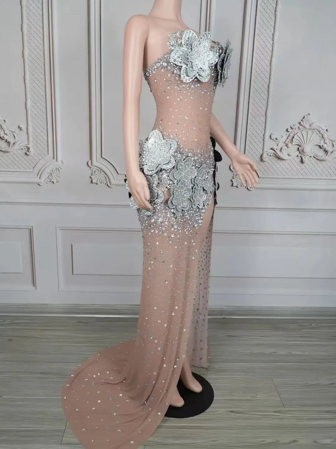 Luxe Pailletten Zilveren Bloem Mesh Trailing Jurk Nachtclub Bar Dj Prestaties Podiumkostuums Zanger Gogo Dansers Kleding DN20947