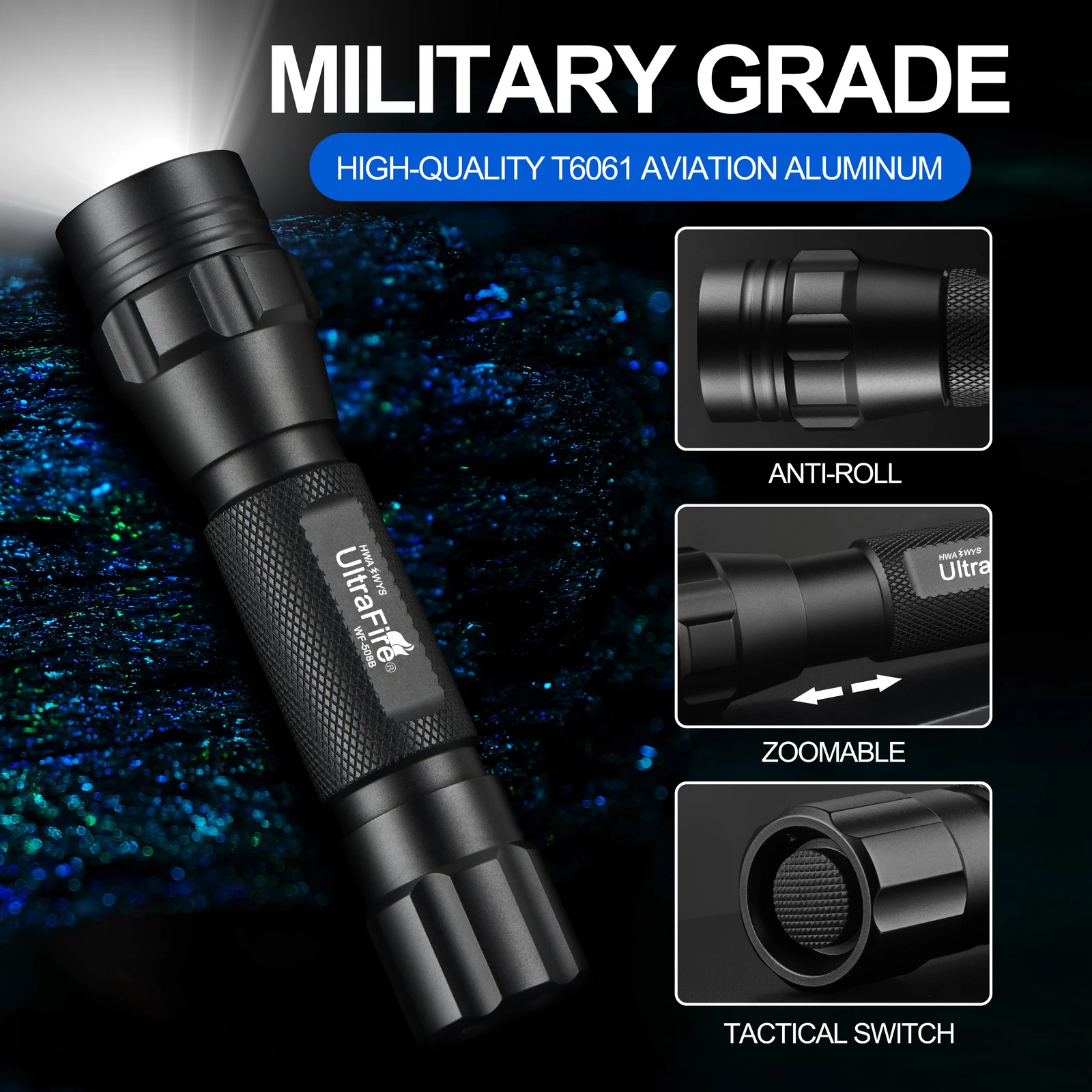 UltraFire WF-508B 1000LM Tactical Flashlight 300M Long Beam Range Zoomable LED Torch Light 18650 Rechargeable Lantern for Hiking