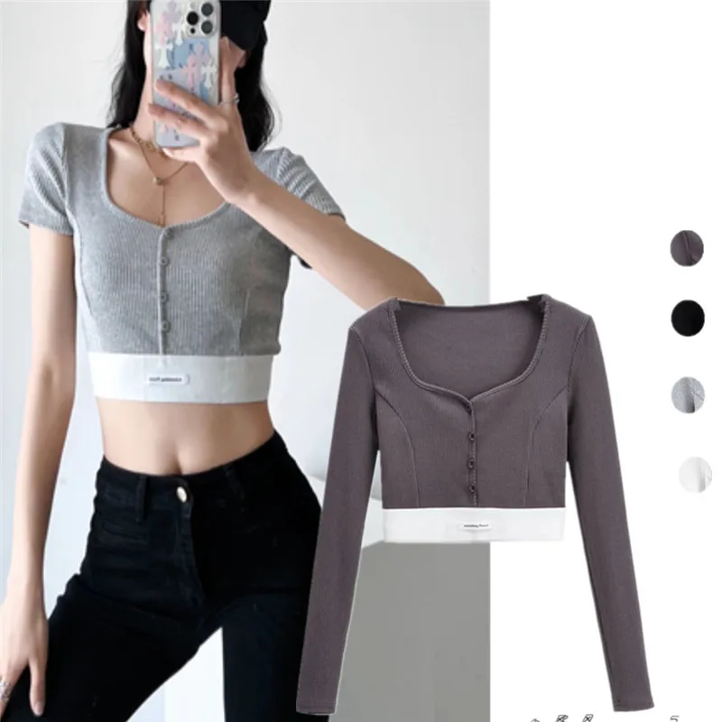 

Футболка Slim Fit V-Ne Color Blo Elastic Waist Tag Long Sve ort Length Street Sle Pure Color Body a Base irt