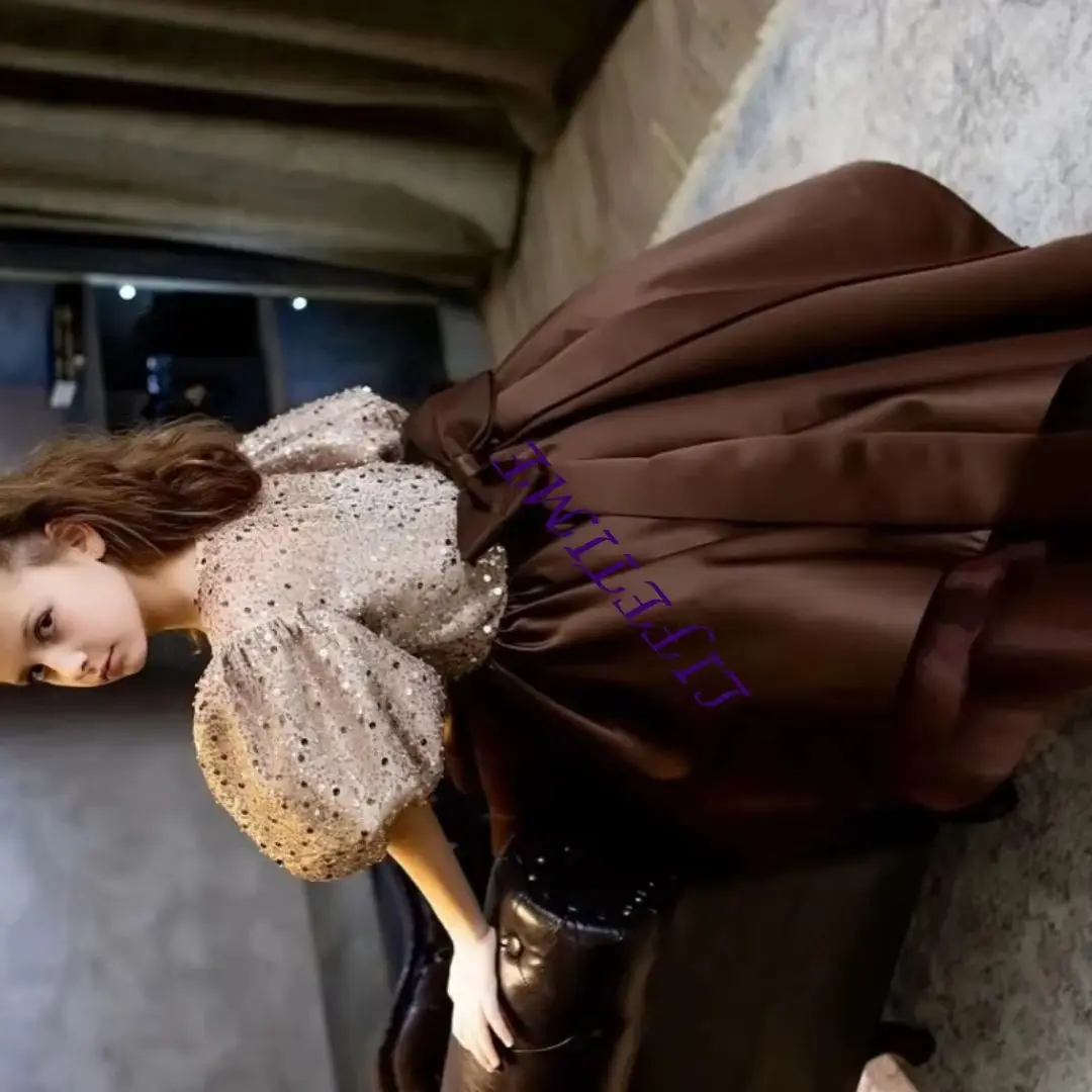 

Brown Bow Flower Girl Dresses for Wedding O-Neck Sequins High-Low Girl Gown for Photoshoot First Communion Gowns CustoCustomized