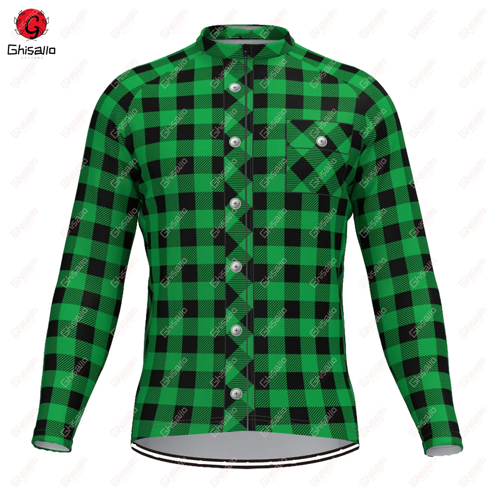 Plaid Checkered Cycling Jersey for Men, Long Sleeve, Thermal Fleece Lining, Warm, Road Bike, MTB Clothing, Winter and Autumn