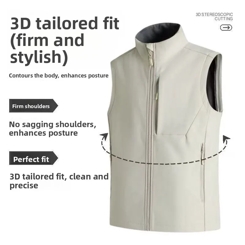 Unisex Fleece Lined Soft Shell Vest Sleeveless Stand Collar Sports Casual Large Size Waterproof Windproof Breathable Running Men