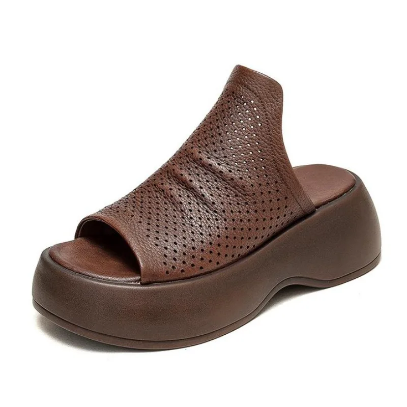 

Летние облегающие удобные контурные легкие лоферы из коровьей кожи 6 см с открытым носком, женские тапочки, сандалии, обувь