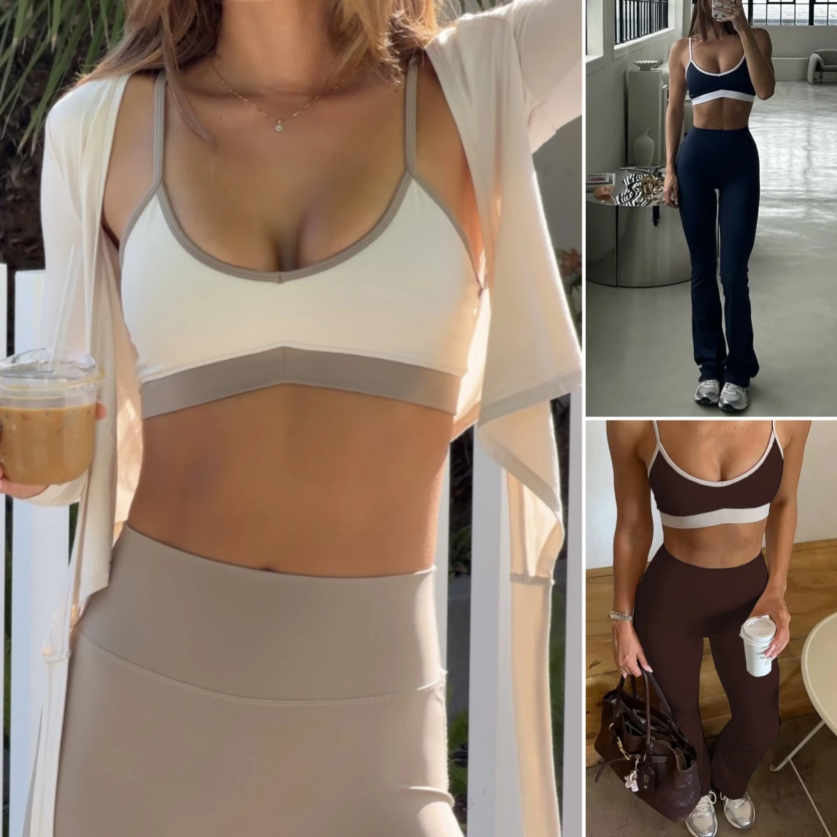 Contrast White Piping Thin Strap Sports Bra 2Pcs yoga set High Waist Flare Leggings Buttery Soft Gym Yoga Running workout set