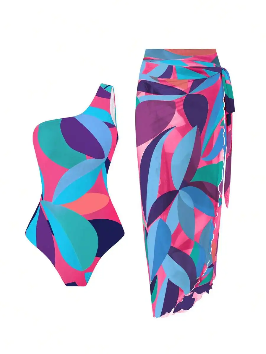 Women One Shoulder Monokini Swimsuit With Tie Front Swim Skirt Printed Beachwear