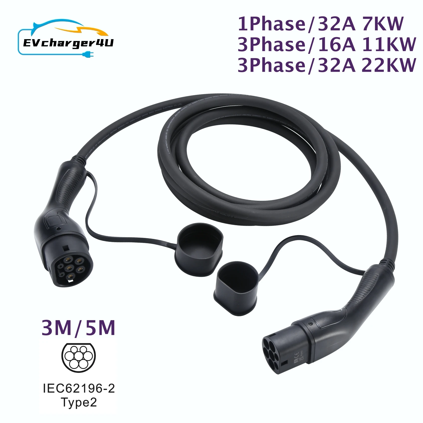 

IEC 62196 EV Charging Cable Type 2 1Phase/3Phase 16A/32A 7KW/11KW/22KW 3M/5M Extension Cables For Electric Vehicle