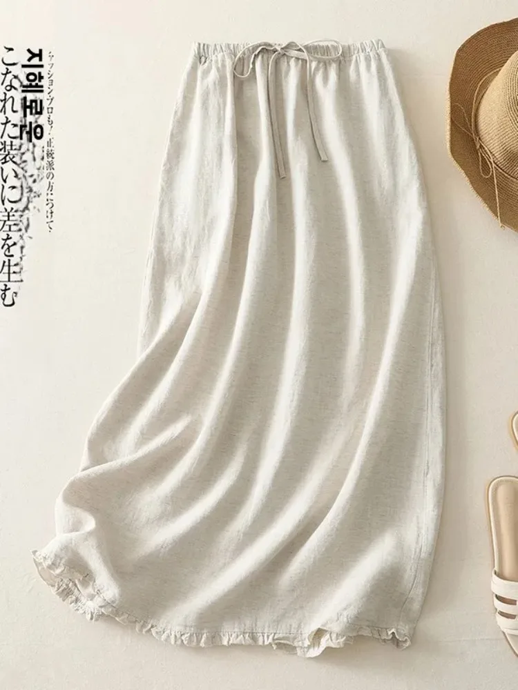 Plus Size High Waist Design Cotton Linen Skirt with Wooden Ear Trim Bot Pure Color A-Line Long Flax Skirt for Plus Size Women